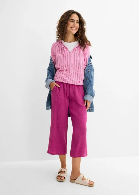 Pantalon large à pinces en gaze de coton