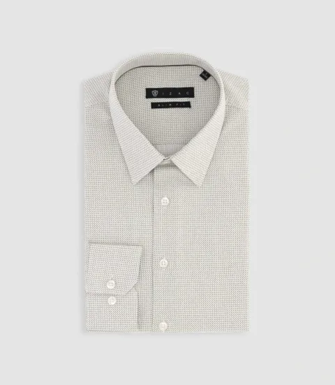 IZAC - Chemise slim imprimée micro motifs blanche et kaki PRESTO