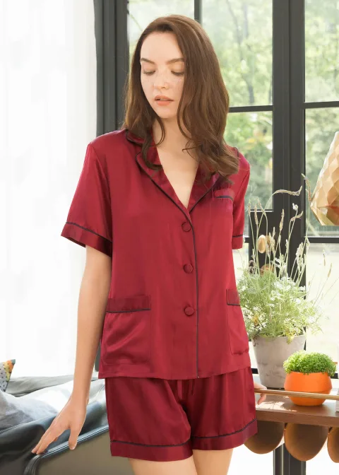 LILYSILK Ensemble Pyjama En Soie Femme Bleu Marine Avec Passepoil Contrasté Et Poches 100% Soie Pure Léger Et Résistant Aux Rides XS