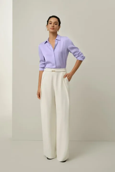 LILYSILK Femme Pantalon Large Crêpe de Soie Élégant Blanc Naturel Taille 46