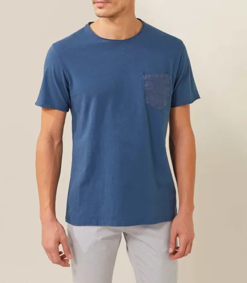 IZAC - T shirt col rond marine avec poche poitrine en lin ''Xavi''