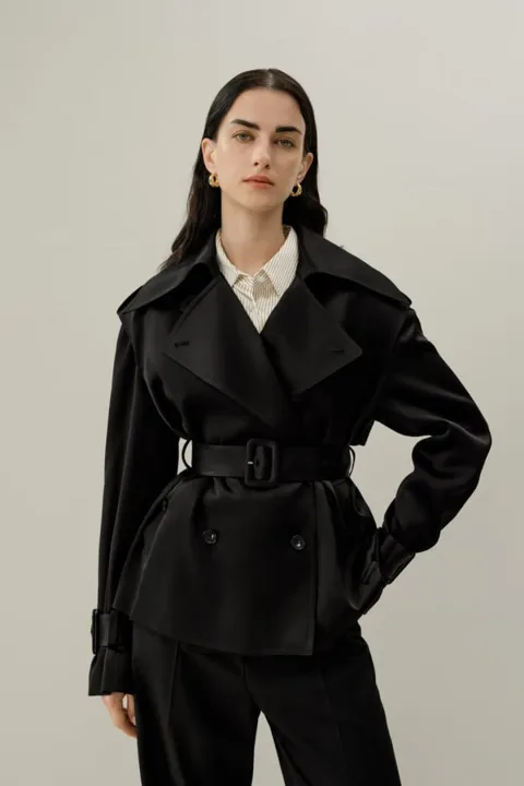 LILYSILK Femme Trench Satin Soie Double Face Élégant Ceinturé Noir Taille S