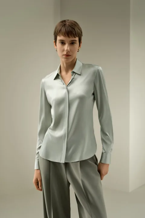 LILYSILK Chemise En Soie Femme Tissu Léger Et Respirant Soie De Mûrier De Haute Qualité Modèle Classique Sauge Argentée L