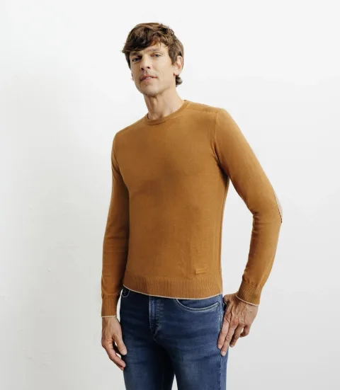 IZAC - Pull col rond en coton camel foncé