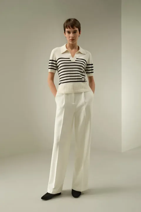 LILYSILK Polo Cachemire Rayé Noir M - Doux, Léger & Chic pour Femme