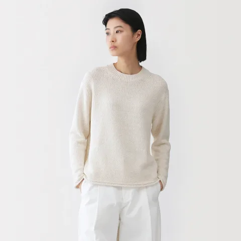 Pull à col ras du cou bouclé en mélange de coton pour femme