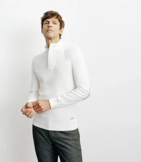 IZAC - Pull col montant demi zippé écru