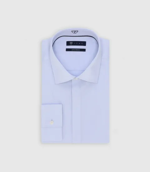 IZAC - Chemise col italien en satin de coton ciel