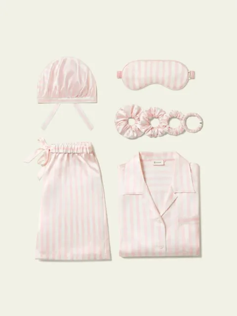 LILYSILK Femme Ensemble Pyjama Court en Soie Charmeuse Rayé Rose Clair – Saint-Valentin