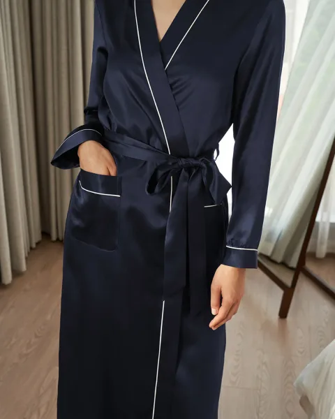 LILYSILK Robe De Chambre Soie Femme Bleu Marine Col Souple, Passepoil Chic 100% Soie Convivial Pour Les Personnes Allergiques XS