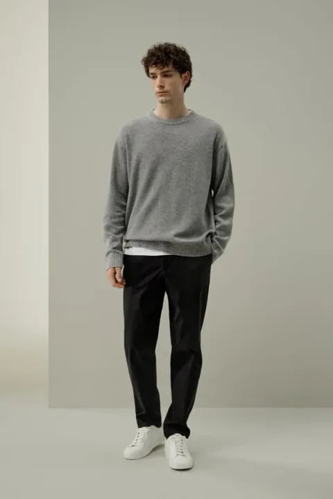 LILYSILK Pull Col Rond En Laine-Cachemire Hommes Col Côtelé Double Épaisseur Brumeux S