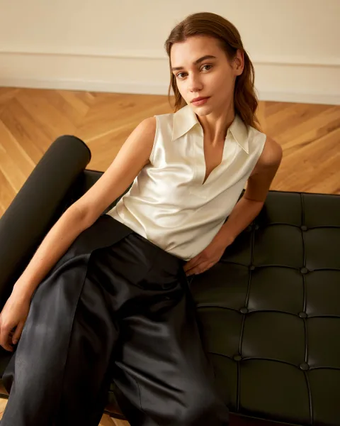 LILYSILK Top En Soie Femme Col En V, 100% Soie T-Shirt Sans Manches Température Réglable Chemises Blanc S