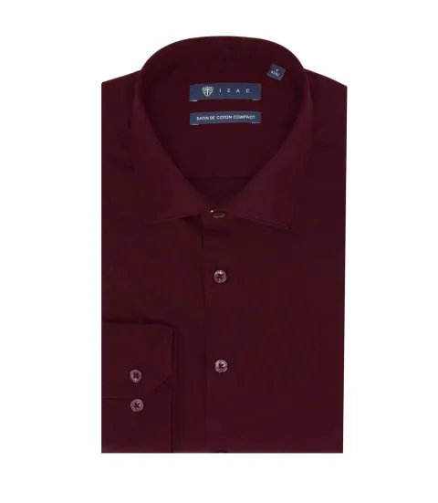 IZAC - Chemise slim en satin de coton bordeaux SATINSLIM