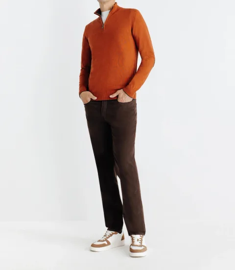IZAC - Pull coton/cachemire col zippé brique