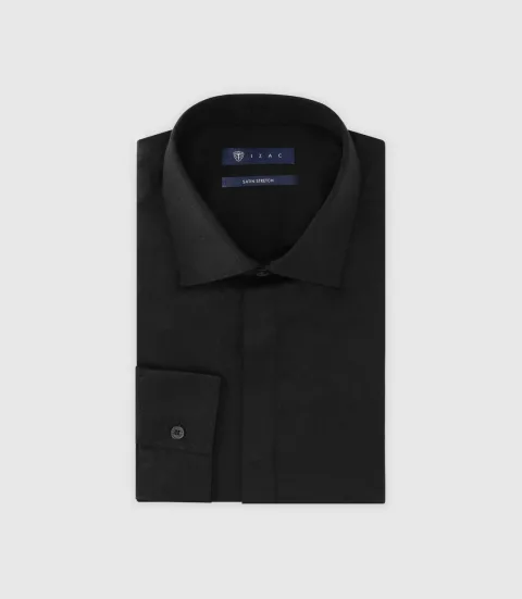 IZAC - Chemise col italien en satin de coton noire