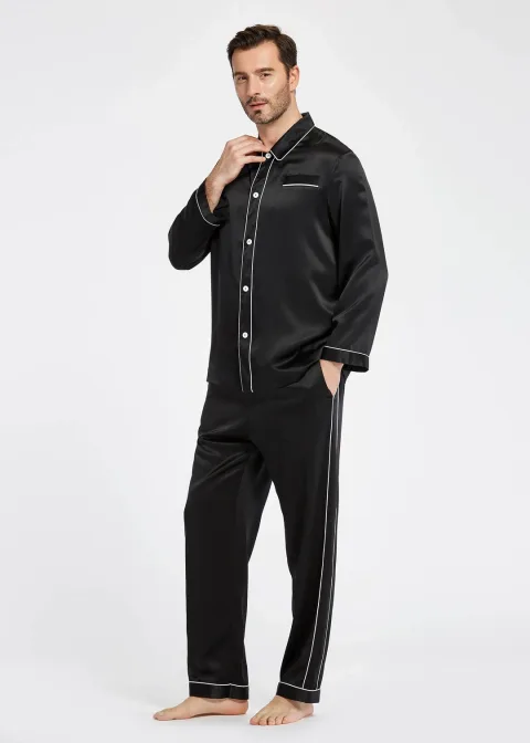 LILYSILK Pyjama En Soie Homme Noir Col À Revers, Boutons En Nacre 100% Soie Naturellement Antibactérien Pyjama XL