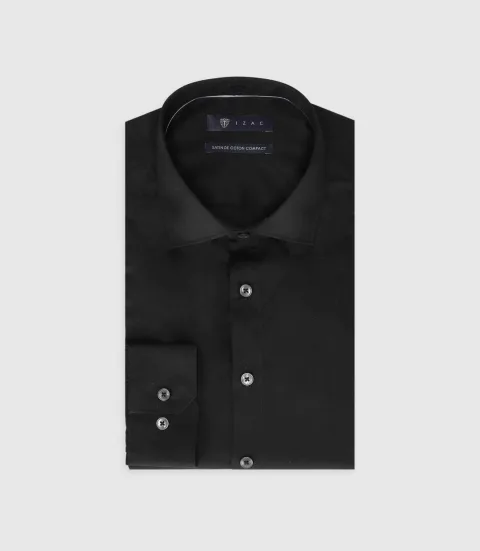 IZAC - Chemise slim en satin de coton noir SATINSLIM