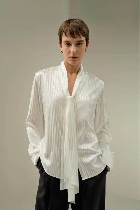 LILYSILK Blouse Soie Femme Lavage À La Main Ou Nettoyage À Sec Soie Charmeuse Jacquard Extensible Style D'Affaires Blanc Naturel L