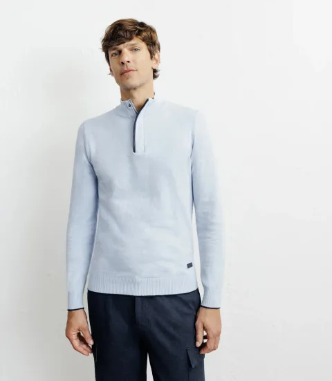 IZAC - Pull col montant demi zippé bleu ciel