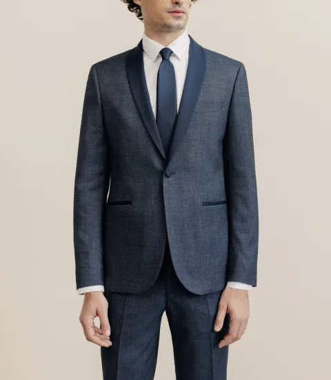 IZAC - Costume col châle cérémonie bleu denim