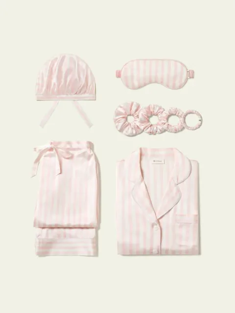 LILYSILK Femme Pyjama Soie Charmeuse Ensemble Sommeil Rayé Rose avec Masque et Chouchous