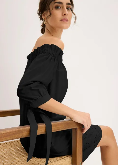 Robe col Bardot 100% coton avec broderies anglaises