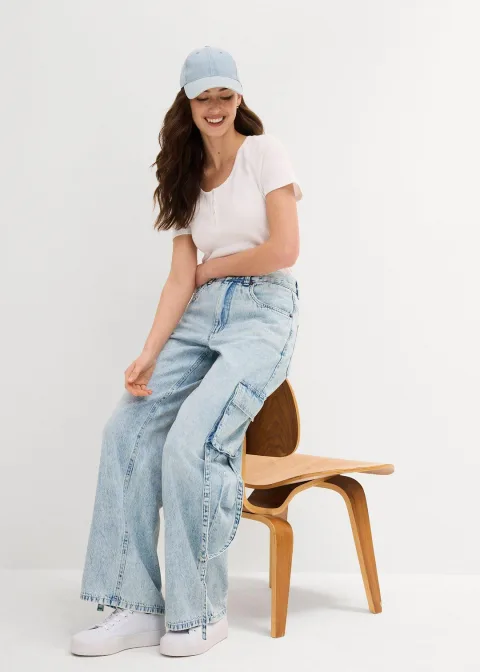 Jean cargo taille mi-haute, peu extensible, long