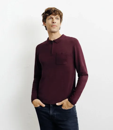 IZAC - Pull col polo zippé en maille fine bordeaux foncé
