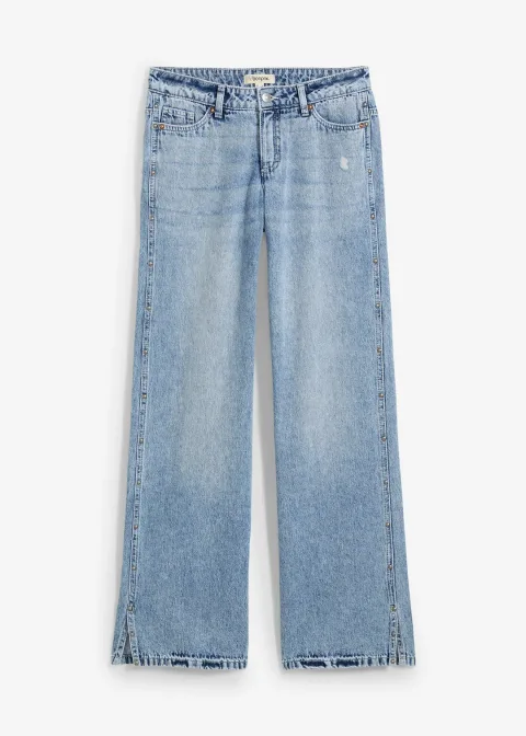 Jean droit et ample, taille mi-haute, peu extensible
