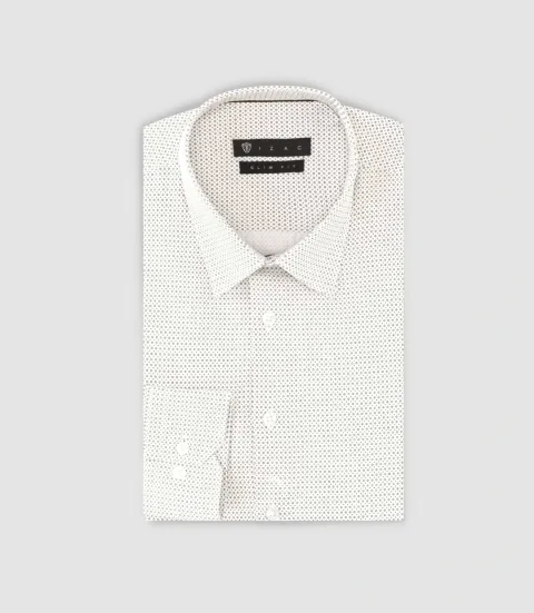 IZAC - Chemise slim imprimée micro motifs blanc et camel PERLE