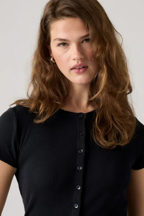 Levi's Rory Button Short Sleeve Top - Femme - Noir / Anthracite Night Rib - XS
