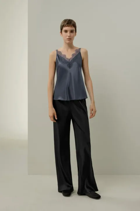 LILYSILK Caraco en Soie de Mûrier et Dentelle pour Femme | Top Élégant Noir XS