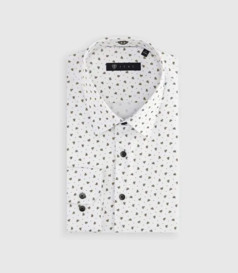 IZAC - Chemise slim à imprimé micro motifs blanc et camel MATT