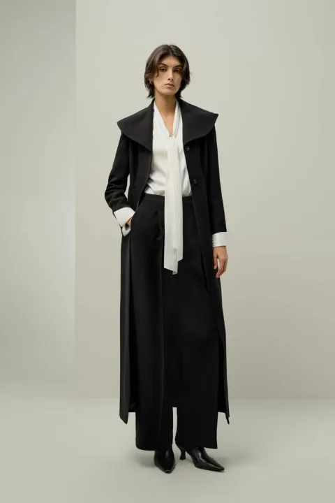 LILYSILK Manteau d'Hiver Femme en Soie et Laine Élégant Col Pétale de Lys Noir 38