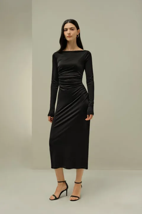 LILYSILK Robe Midi Jersey Soie Noire Élégante Froncée L