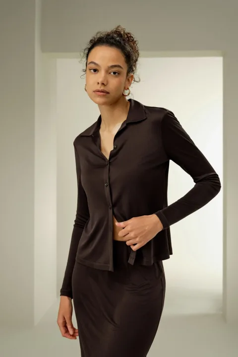 LILYSILK Chemisier Soie Coupe Ajustée Jersey De Soie Légèreté Luxueuse Coupe Régulière Cacao Xl