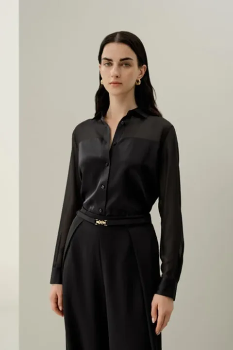 Chemise Boutonnée à Manches Longues en Soie Organza de Luxe pour Femmes