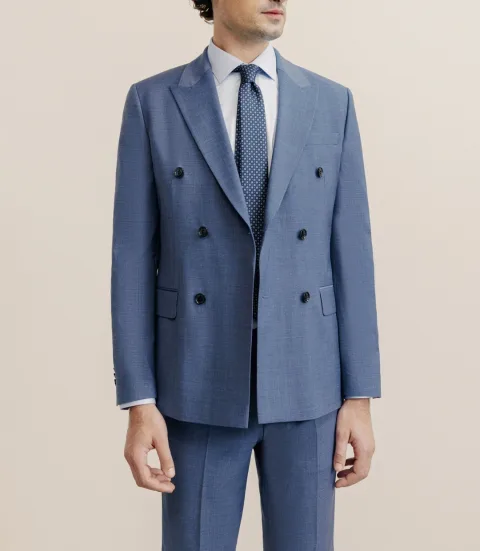 IZAC - Costume croisé tissu laine mélangée bleu