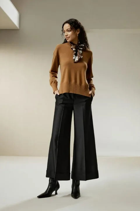 LILYSILK Pull Cachemire Caramel L Femme Doux Chaud Col Ras du Cou Coupe Décontractée