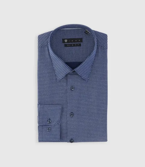 IZAC - Chemise slim imprimée micro motifs marine et blanc PERLE
