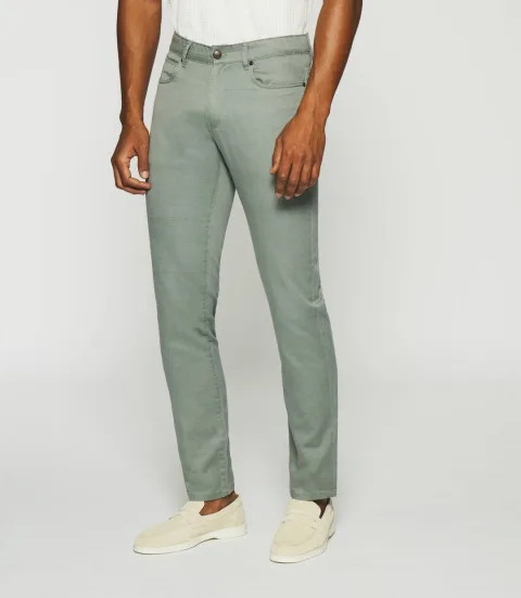 IZAC - Pantalon slim kaki 5 poches en coton lin PASTEL