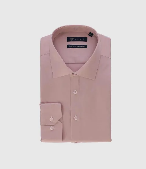 IZAC - Chemise slim en satin de coton rose SATINSLIM