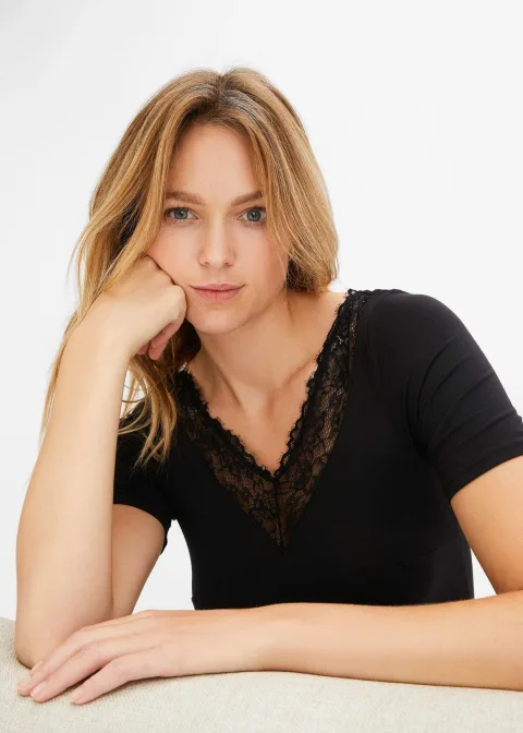 Body manches courtes en modal et dentelle