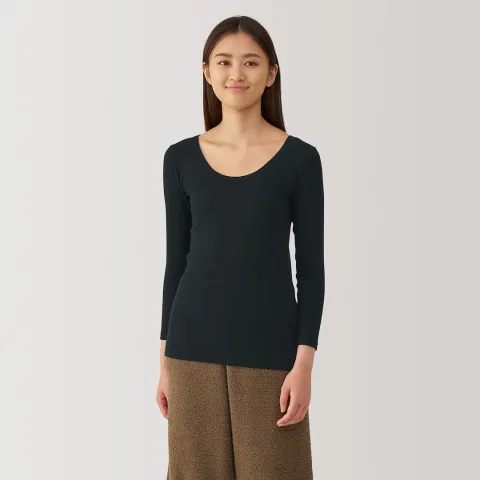 T‐shirt manches longues col U en coton chaud pour femme