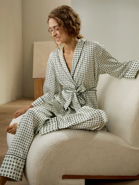 LILYSILK Pyjama En Soie Impression Graphique Ceinture Amovible Manches 3/4 100% Soie Naturellement Antibactérien XS