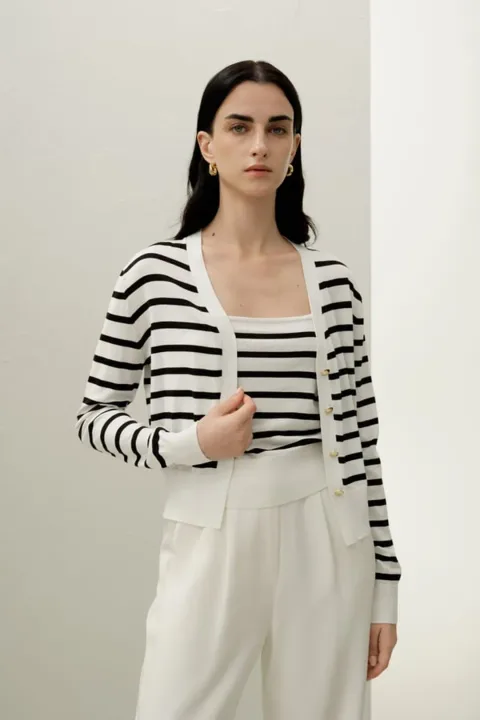 LILYSILK Femme Ensemble Deux Pièces Soie Coton Tricot Rayé Cardigan Noir Blanc Taille L