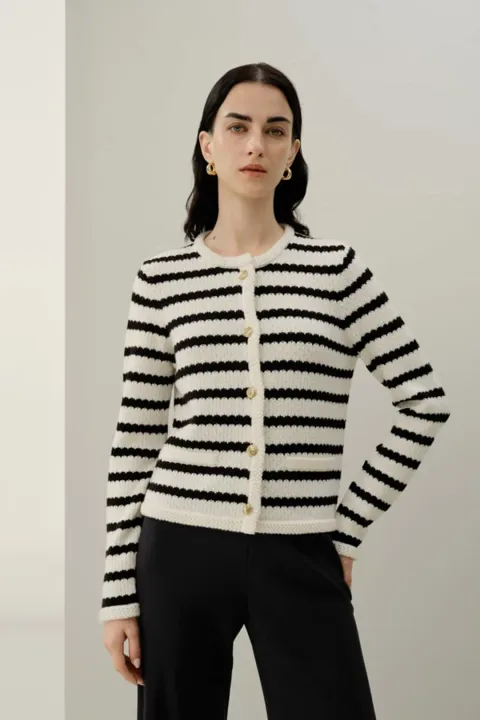 LILYSILK Femme Cardigan Laine Mérinos Rayé Doux Anti-rétrécissement Noir Blanc L