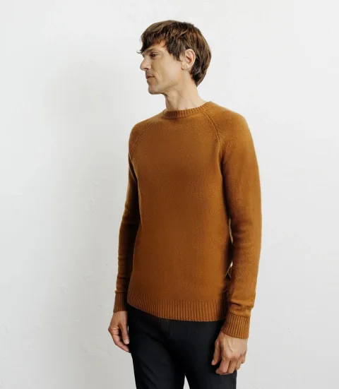 IZAC - Pull en laine col rond camel foncé