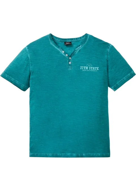 T-shirt col tunisien, aspect délavé, 100% coton