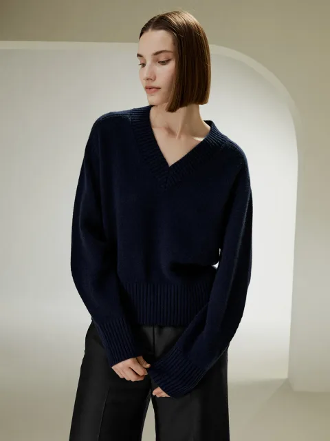 LILYSILK Pull En Laine Bleu Marine Manchon En Forme De Fer À Cheval Laine Et Cachemire Cozy Et Confortable, Léger Et Doux S